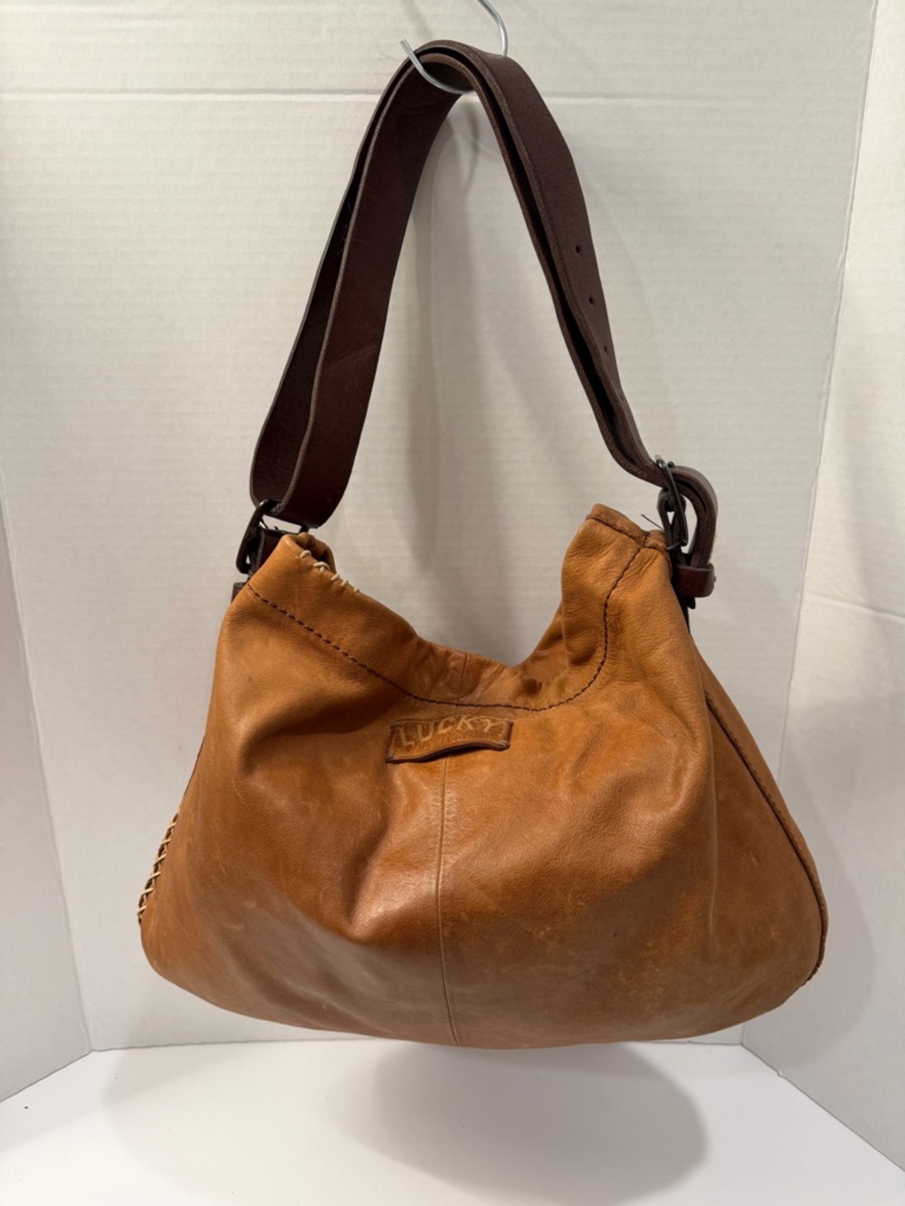 Vintage Lucky Brand Tan Cognac Leather Hobo with Dark Brown Strap